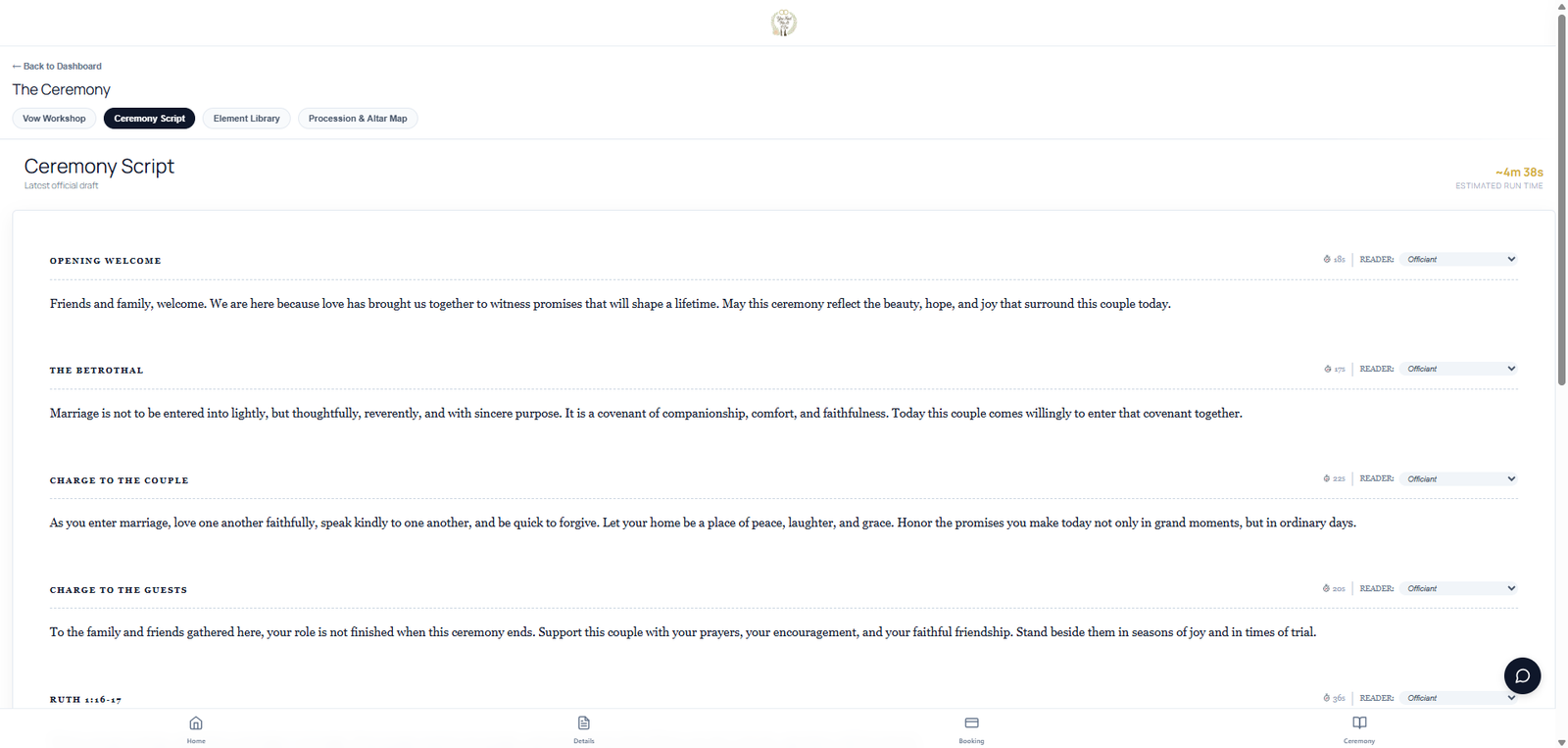 Ceremony script editor with element library and publish to the couple portal