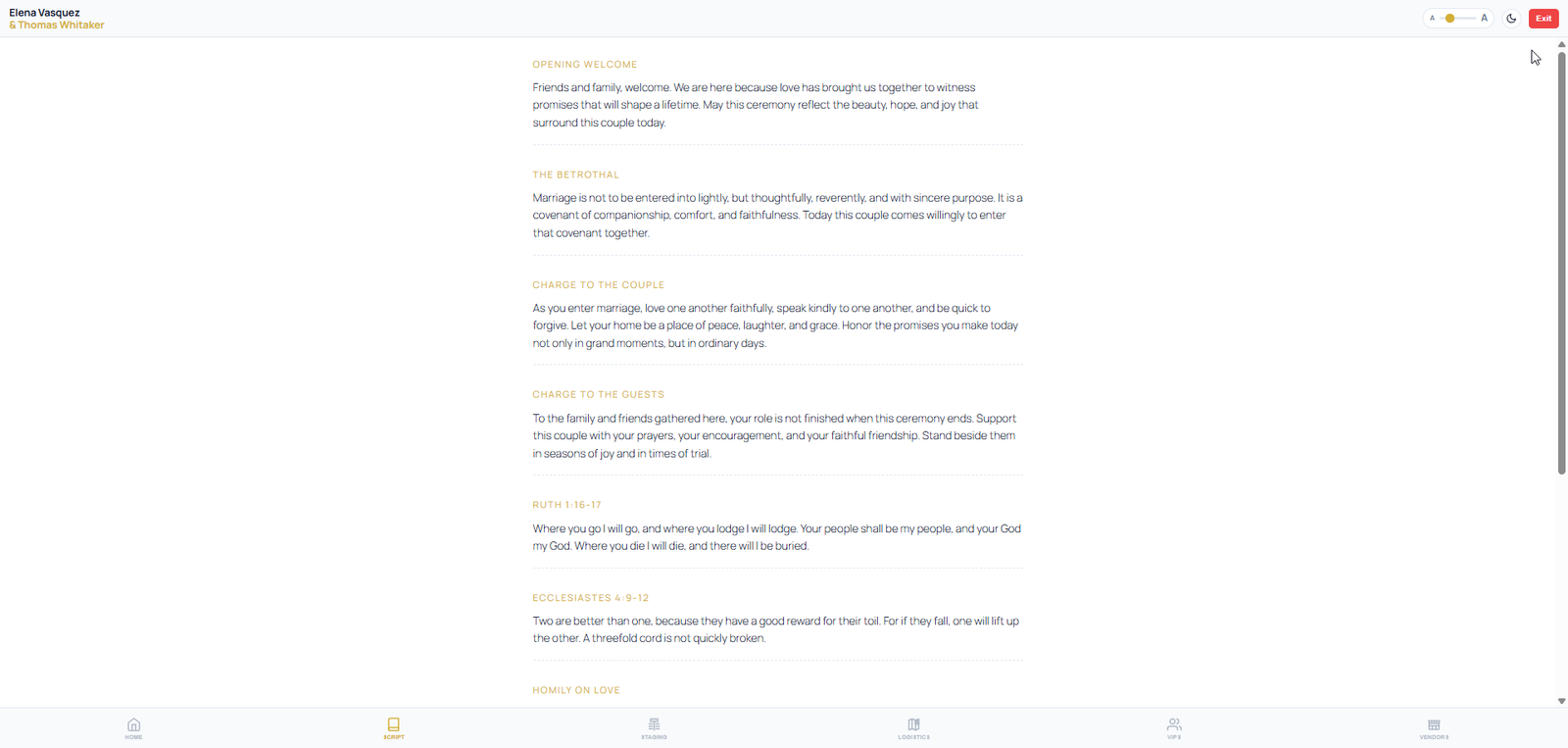 Day-of mode on tablet — dark mode with ceremony script at the altar