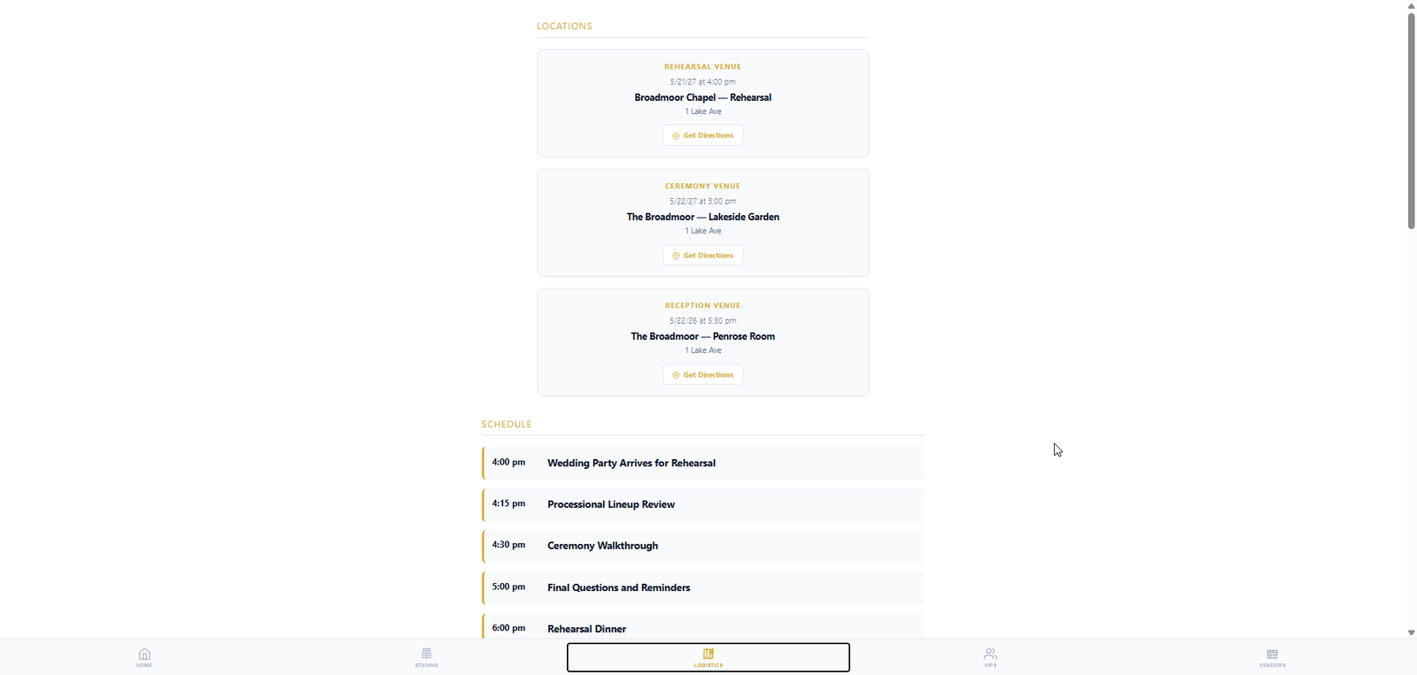 VIP portal — procession, reserved seating, and altar layout