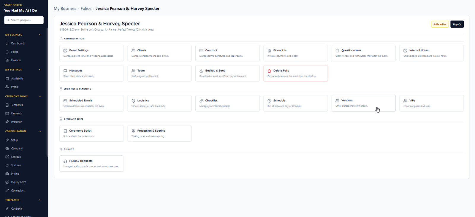 Folio workspace with Wedding Suite active — ceremony script, procession, VIPs, portals, and day-of tools